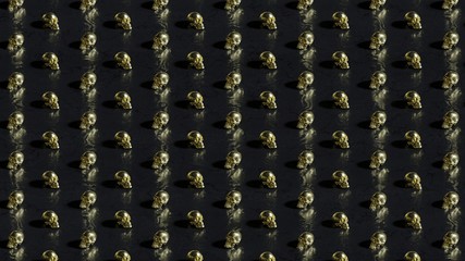 Golden skulls on dark background with bokeh effect - 3D rendering