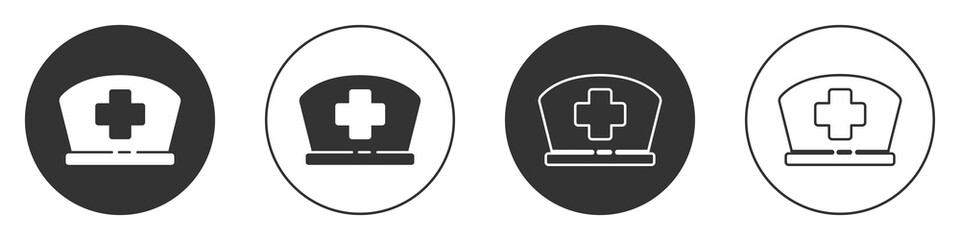 Obraz premium Black Nurse hat with cross icon isolated on white background. Medical nurse cap sign. Circle button. Vector