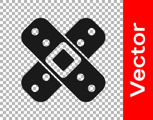 Black Crossed bandage plaster icon isolated on transparent background. Medical plaster, adhesive bandage, flexible fabric bandage. Vector