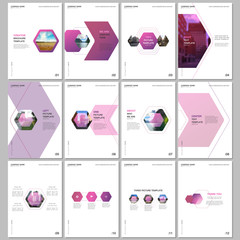 Creative brochure templates with colorful hexagonal design background, hexagon style pattern. Covers design templates for flyer, leaflet, brochure, report, presentation, advertising, magazine.