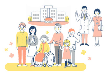 病院　車椅子のおばあちゃんと家族と医療スタッフ