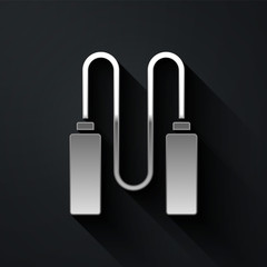 Silver Jump rope icon isolated on black background. Skipping rope. Sport equipment. Long shadow style. Vector