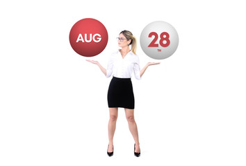 August 28th calendar background. Day 28 of aug month. Business woman holding 3d spheres. Modern concept.