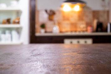 blurred kitchen interior and desk space home background