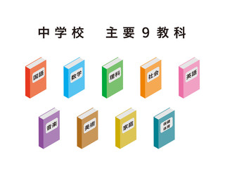 中学校の主要９科目の教科書アイコンセット