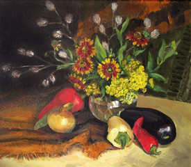 Still life with aggplant and autumn flowers, oil painting