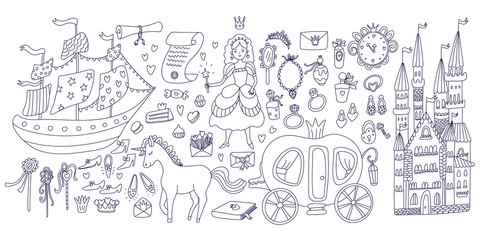 Big set with princess stuff. Carriage, unicorn, castle, shoes, ship, wands, rings, mirrors, perfumes, bowknot, key and lock, scrolls, envelopes. Doodle vector illustration black ink isolated on white