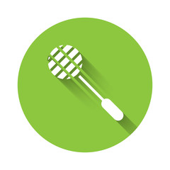 White Tennis racket icon isolated with long shadow. Sport equipment. Green circle button. Vector