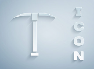 Paper cut Pickaxe icon isolated on grey background. Paper art style. Vector