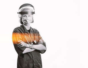 female doctor in a medical mask on face and gloves on a white background