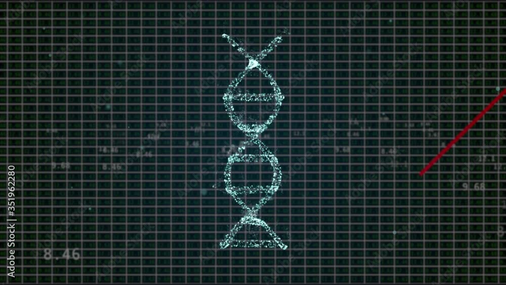 Poster animated presentation of infected dna cells rotating on black tech background with red arrow going d