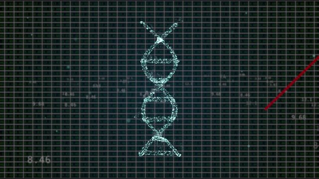 Animated presentation of infected dna cells rotating on black tech background with red arrow going down. - Powered by Adobe
