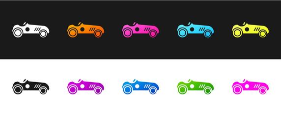 Set Vintage sport racing car icon isolated on black and white background. Vector