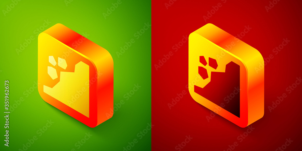 Poster Isometric Landslide icon isolated on green and red background. Stones fall from the rock. Boulders rolling down a hill. Rockfall. Square button. Vector