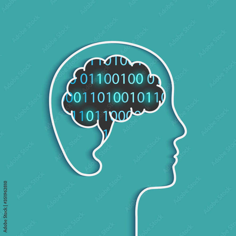 Poster head silhouette with brain made of binary code. futuristic artificial intelligence concept, big data