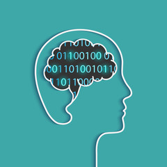 Head silhouette with brain made of binary code. Futuristic artificial intelligence concept, big data, machine learning, technology and cyber mind. 