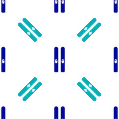 Blue Ski and sticks icon isolated seamless pattern on white background. Extreme sport. Skiing equipment. Winter sports icon. Vector