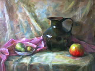 Still life with jug and apple, oil painting
