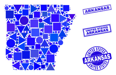 Vector mosaic Arkansas State map. Geographic scheme in blue color hues, and scratched round and rectangle stamps. Abstract mosaic of Arkansas State map made of round, triangles,