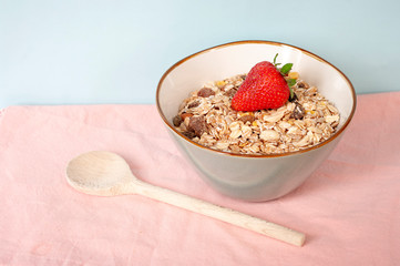 Oatmeals breakfast, healthy food, muesli with strawberry