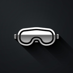 Silver Ski goggles icon isolated on black background. Extreme sport. Sport equipment. Long shadow style. Vector