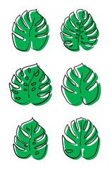 Monstera leaves are drawn with a single line. Modern one-line art. Outline drawing of the monster. Exotic leaves, jungle, monstera, hibiscus, palm leaves. Drawing of monstera leaves by hand © Aleksandra