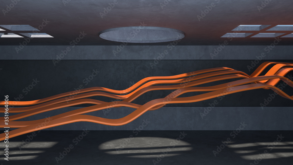 Poster 3d render. empty concrete room with top sunlight and orange dynamic lines.
