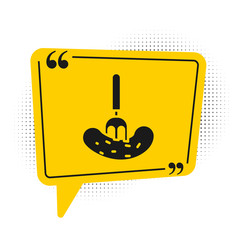Black Pickled cucumber on a fork icon isolated on white background. Yellow speech bubble symbol. Vector