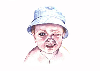 A little boy in a panama hat, he smiles, grimaced and closed one eye. Drawing is isolated on a white background, painted by watercolor.e