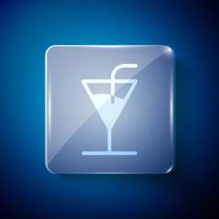 White Cocktail icon isolated on blue background. Square glass panels. Vector
