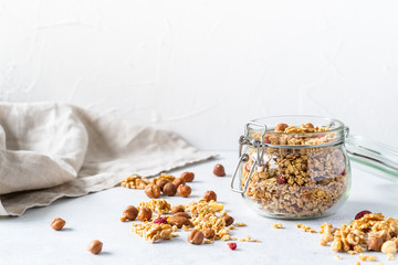 Healthy breakfast set on grey background. The concept of delicious and healthy food. Top view, copy space.