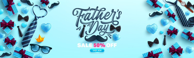 Father's Day Sale poster or banner template with necktie and gift box on blue background.Greetings and presents for Father's Day in flat lay styling.Promotion and shopping template for love dad