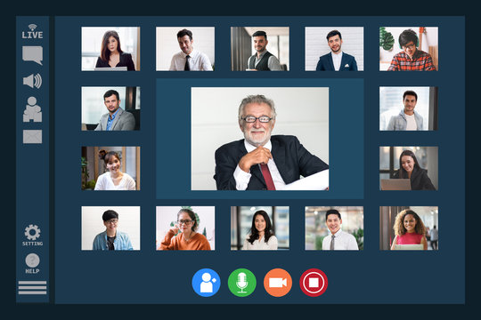 Video Conference Facetime Screen Monitor Meeting of Multiethnic Business People Chatting Live Streaming on Social Networking with Coporate Colleagues - Online Working or Technology Concept