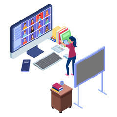 Teacher appoints a student in an online communication video. e-learning concept with online meeting illustration concept.