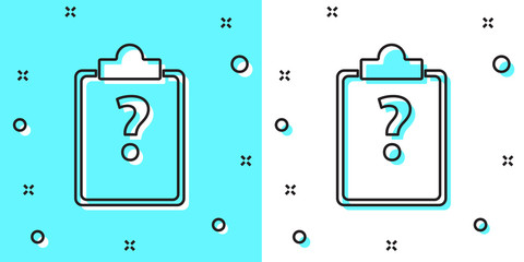 Black line Clipboard with question marks icon isolated on green and white background. Survey, quiz, investigation, customer support questions concepts. Random dynamic shapes. Vector
