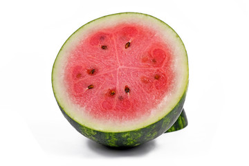 Cut open ripe watermelon on white background
