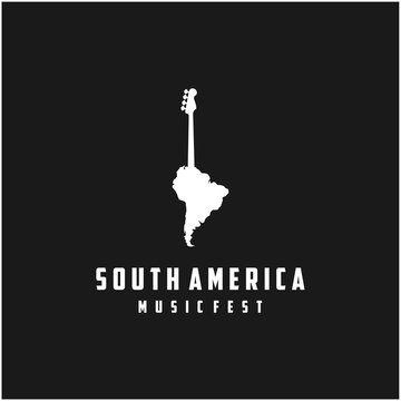 Bass Guitar With South America Map For Music Or Music Festival Logo Design