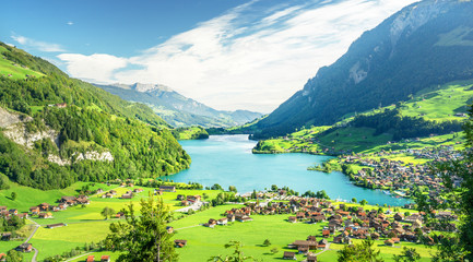 Fototapeta na wymiar Aerial view on Lungernsee lake, Switzerland, Europe