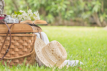 Picnic outdoors. Preparations for the picnic. Garden decoration Summer time fun