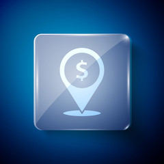 White Cash location pin icon isolated on blue background. Pointer and dollar symbol. Money location. Business and investment concept. Square glass panels. Vector