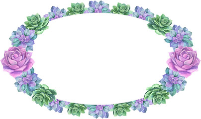 Watercolor succulent frame on white background. Beautiful template for invite or greeting card, banner, backdrop. 