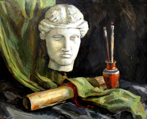still life with a plaster head, oil painting