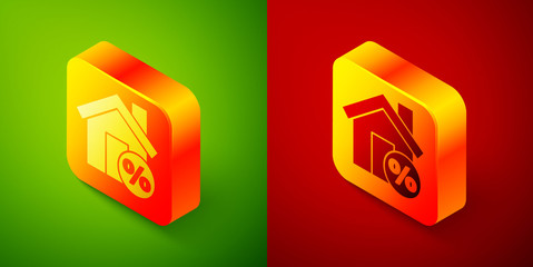 Isometric House with percant discount tag icon isolated on green and red background. House percentage sign price. Real estate home. Square button. Vector