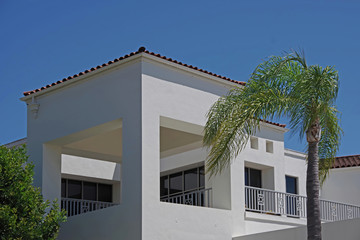 Sectional view of an office building and a palm tree under a bright blue California springtime sky
