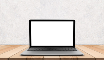 Fototapeta premium Laptop with blank screen on wooden table