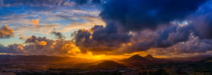 Panorama of Sunset with Mountains, Clouds 