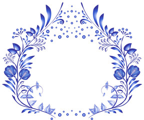 Empty blue floral frame in the style of the national painting on porcelain