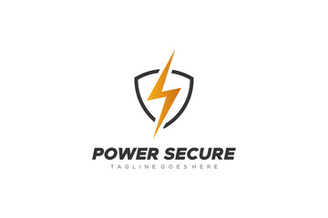 Electric Security Logo. Gold Flash Thunderbolt in Black Linear Shield isolated on White Background. Usable for Business, Industrial and Technology Resources. Flat Vector Logo Design Template Element.