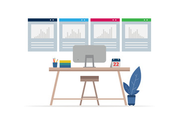 Set office table with computer and bar graph monitor. vector flat illustration. 