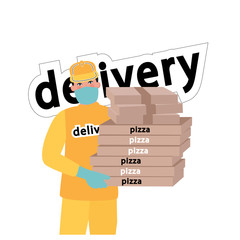 Contactless pizza delivery. The guy delivers pizza in a protective uniform, mask and gloves. Safe delivery in conditions of coronavirus infection. Vector illustration